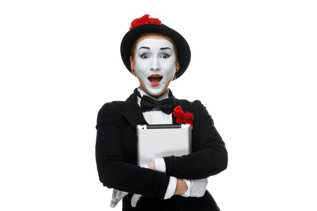 surprised mime isolated on white background