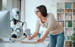 Woman and AI robot working together